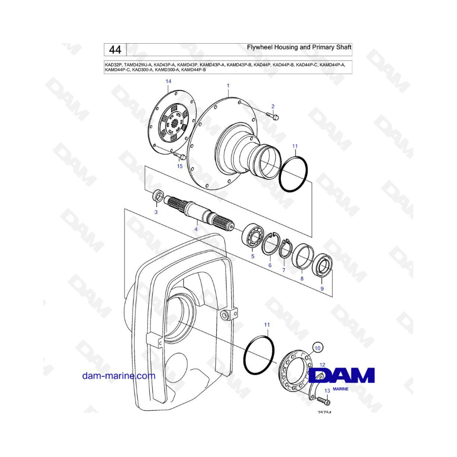 Volvo Penta KAD32/TAMD42/KAD43/KAMD43/KAD44/KAMD44 - Carcasa del volante y eje primario 