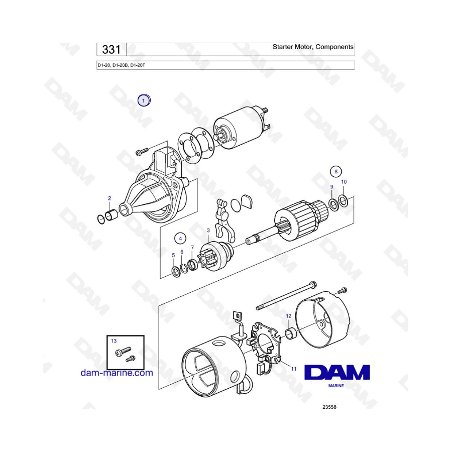 Volvo Penta D1-20/D1-20B/D1-20F - Motor de arranque, componentes