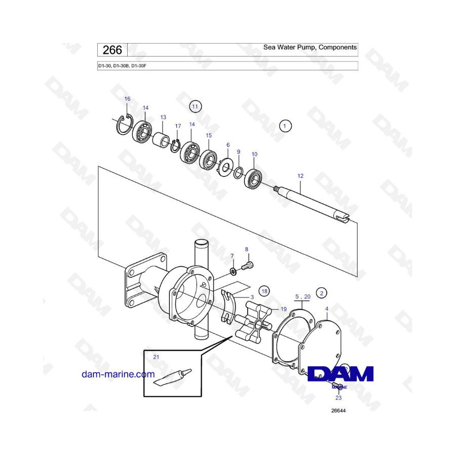 Volvo Penta D1-30/D1-30B/D1-30F - Sea water pump components 