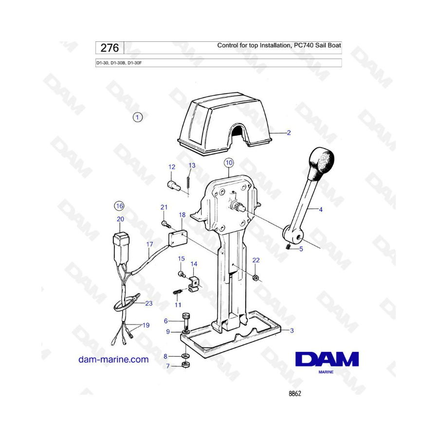Volvo Penta D1-30/D1-30B/D1-30F - Control for top installation, PC740 Sail boat