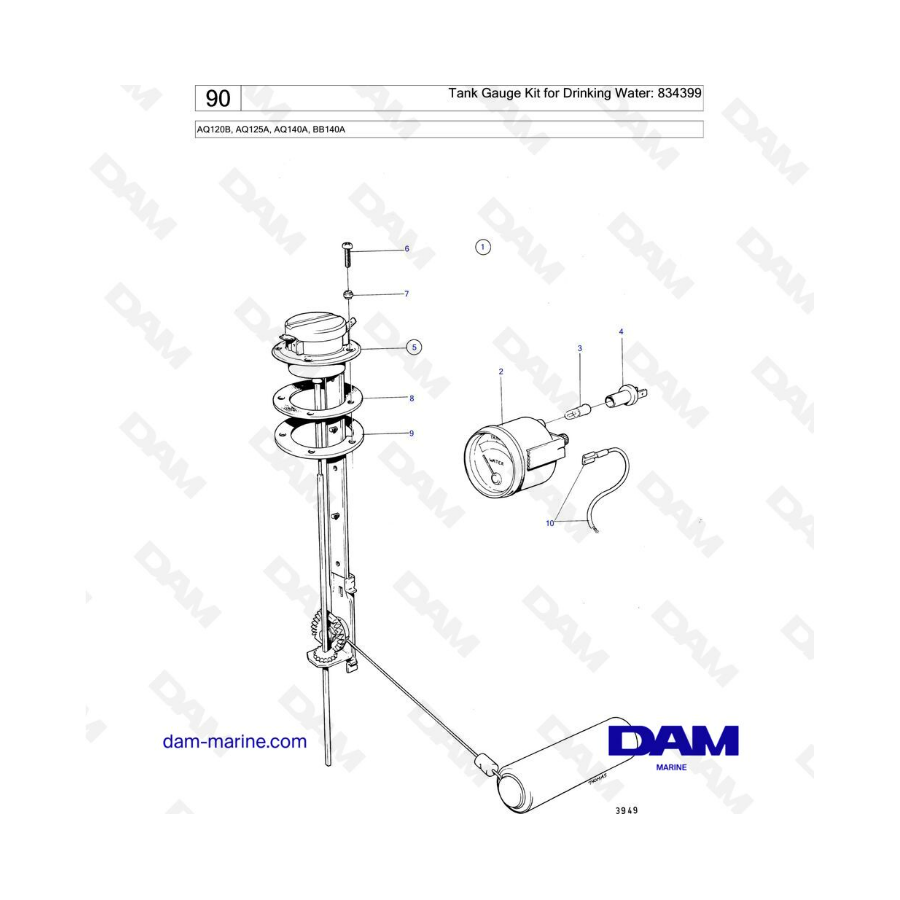 Volvo Penta AQ120B / AQ125A / AQ140A / BB140A - Tank gauge kit for driking water: 834399