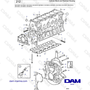 Volvo Penta D6-310D-B -C -D / D6-330D-B -C -D/D6-370D-A -B -C -D / D6-435D-A -C -D - Cylinder block & flywheel housing
