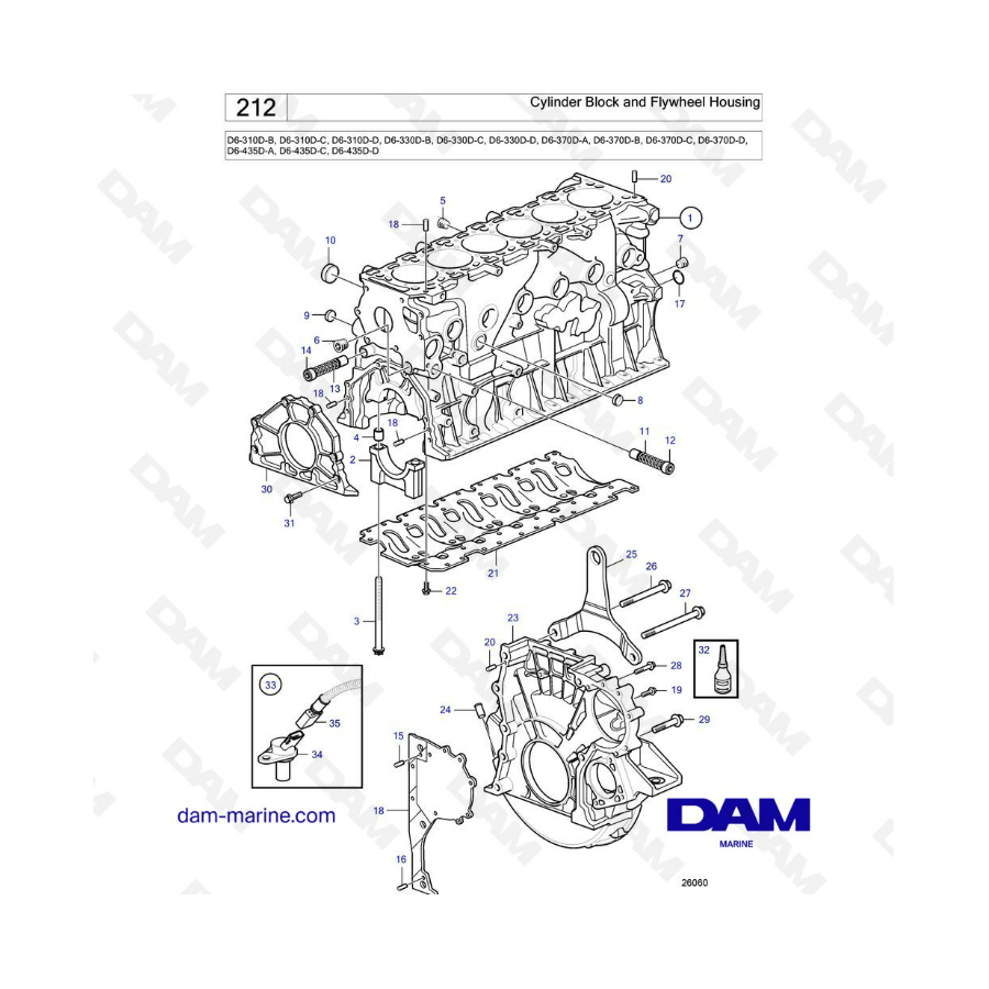 Volvo Penta D6-310D-B -C -D / D6-330D-B -C -D/D6-370D-A -B -C -D / D6-435D-A -C -D - Cylinder block & flywheel housing