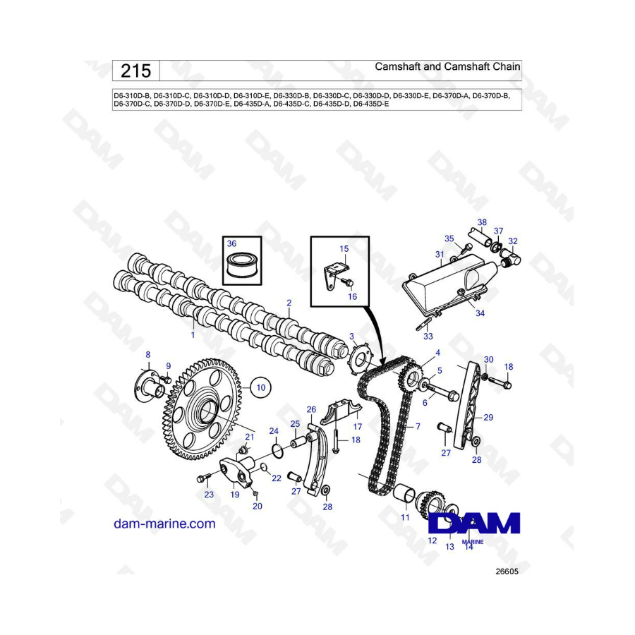 Volvo Penta D6-310D-B -C -D -E / D6-330D-B -C -D -E / D6-370D-A -B -C -D -E / D6-435D-A -C -D -E - Camshaft & camshaft chain