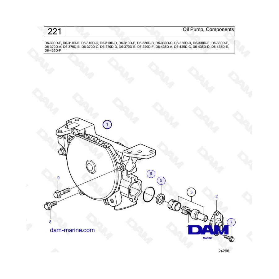 Volvo Penta D6-300D-F/D6-310D-B-C-D-E/ D6-330D-B-C-D-E-F/ D6-370D/D6-435D - Bomba de aceite, componentes