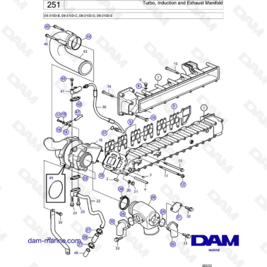 Volvo Penta D6-310D-B / D6-310D-C / D6-310D-D / D6-310D-E - Turbo, injection & exhaust manifold