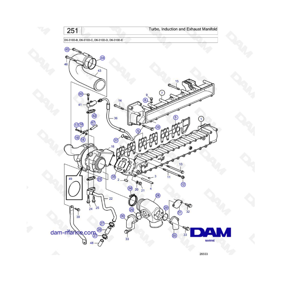 Volvo Penta D6-310D-B / D6-310D-C / D6-310D-D / D6-310D-E - Turbo, injection & exhaust manifold