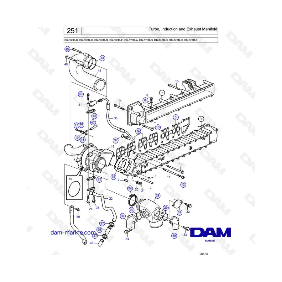 Volvo Penta D6-330D-B-C-D-E / D6-370D-A-B-C-D-E - Turbo, colector de admisión y escape