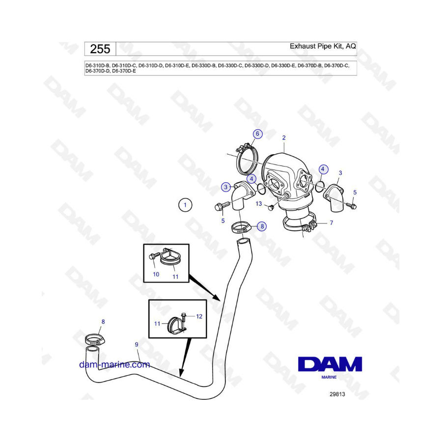 Volvo Penta D6-310D-B -C -D -E / D6-330D-B -C -D -E / D6-370D-B -C -D -E - Exhaust pipe kit, AQ