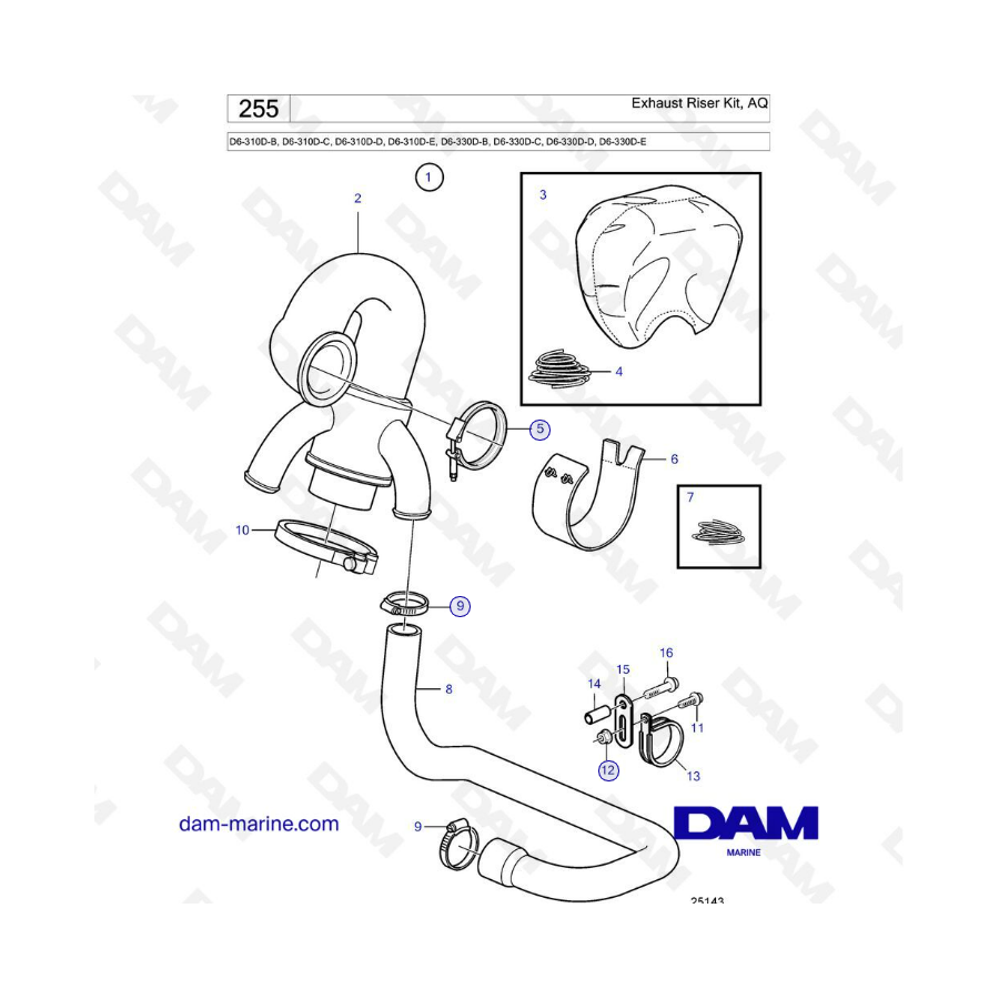 Volvo Penta D6-310D-B -C -D -E / D6-330D-B -C -D -E - Exhaust riser kit, AQ