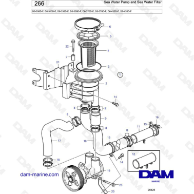 Volvo Penta D6-300D-F / D6-310D-E / D6-330D-E -F / D6-370D-E -F / D6-435D-E -F - Sea water pump & sea water filter