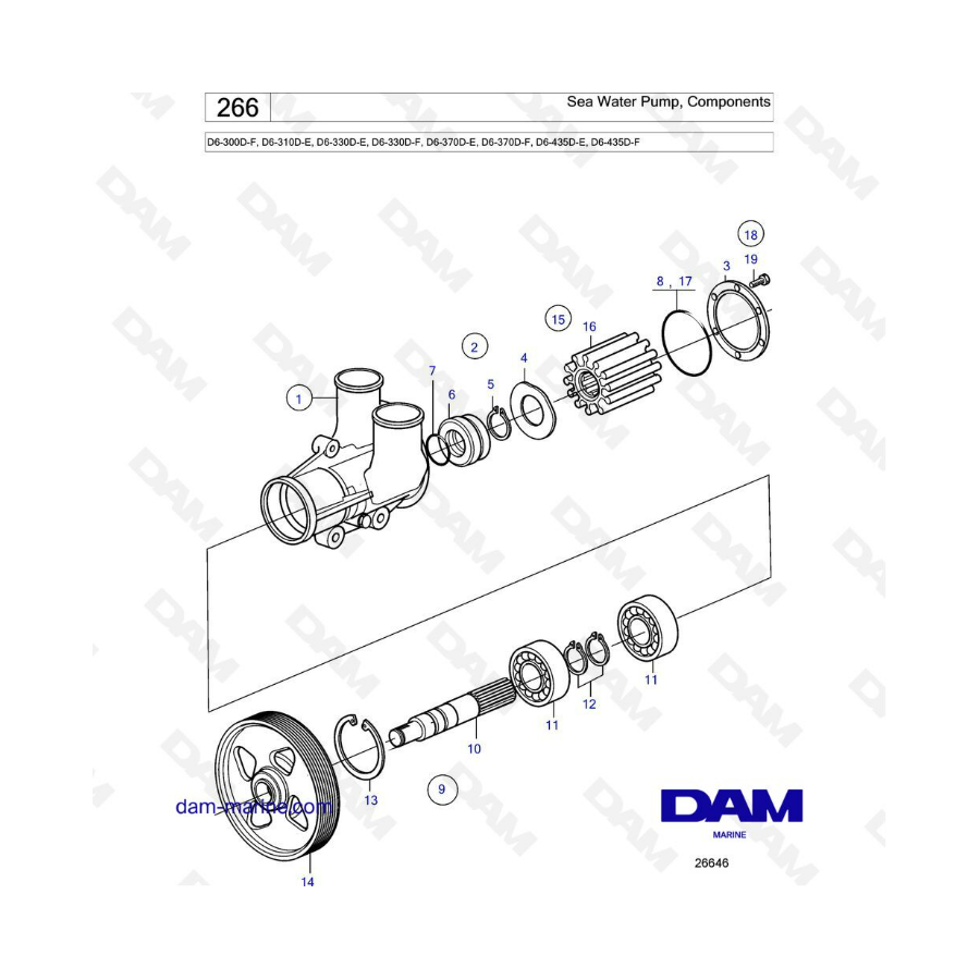 Volvo Penta D6-300D-F/D6-310D-E/D6-330D-E -F/D6-370D-E -F/D6-435D-E -F - Sea water pump, components