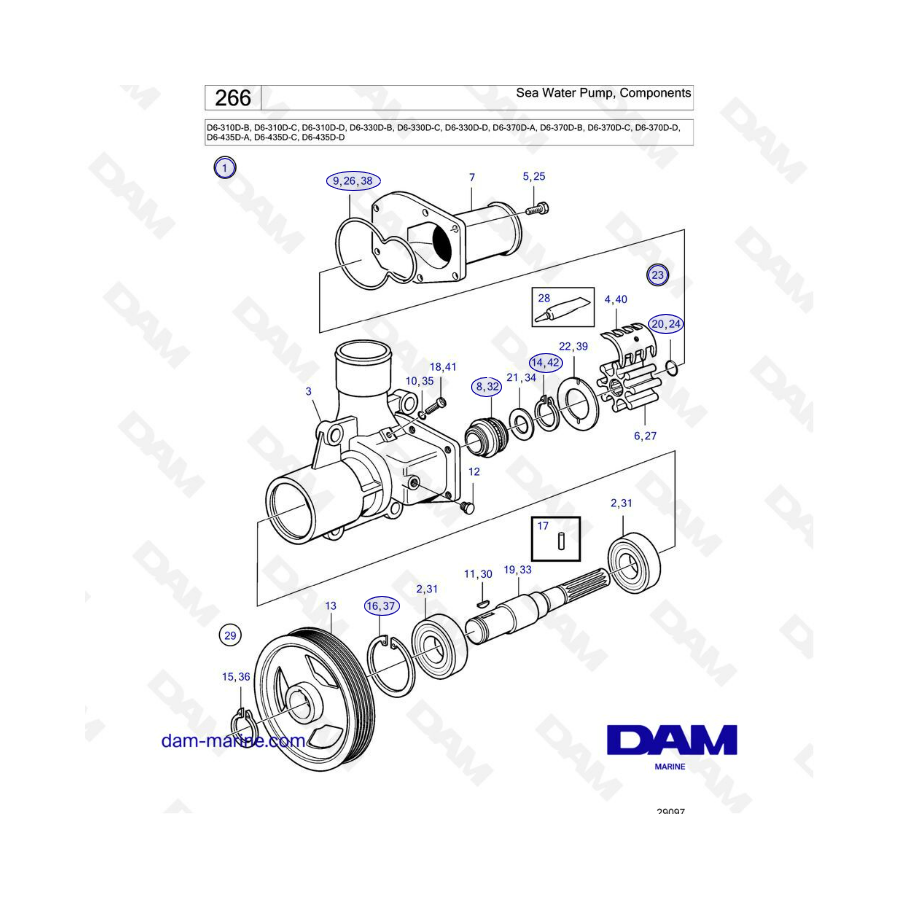 Volvo Penta D6-310D-B -C -D/D6-330D-B -C -D/D6-370D-A -B -C -D/D6-435D-A -C -D - Sea water pump, components