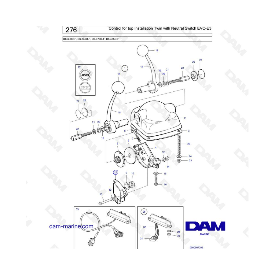 Volvo Penta D6-300D-F/D6-330D-F/D6-370D-F/D6-435D-F - Control for top installation twin with neutral switch EVC-E3