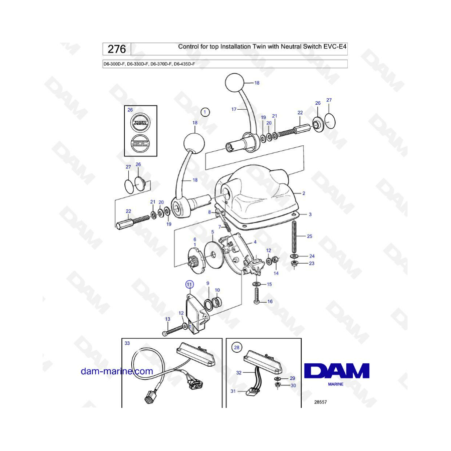 Volvo Penta D6-300D-F/D6-330D-F/D6-370D-F/D6-435D-F - Control para instalación superior doble, con interruptor de punto muerto E