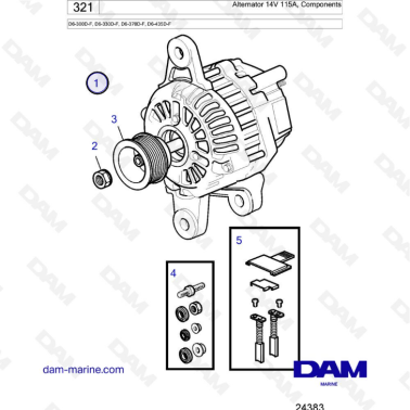 Volvo Penta D6-300D-F/D6-330D-F/D6-370D-F/D6-435D-F - Alternator 14V 115A, components