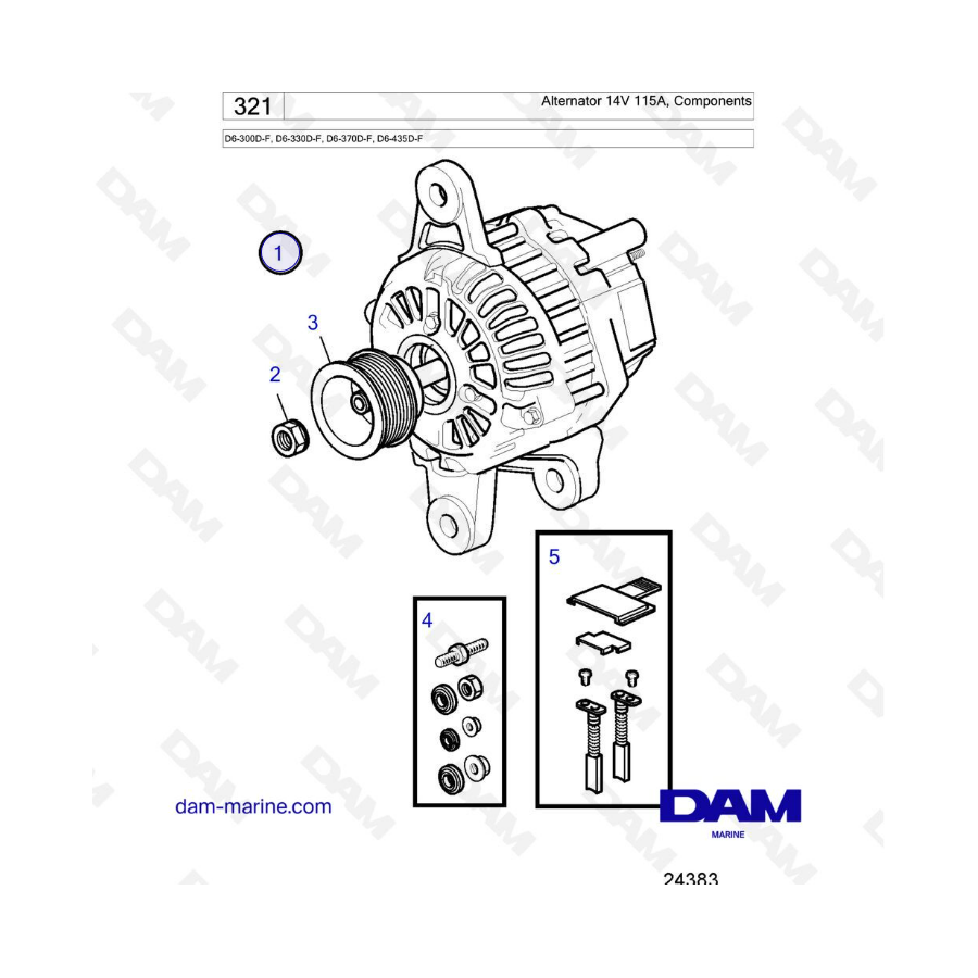 Volvo Penta D6-300D-F/D6-330D-F/D6-370D-F/D6-435D-F - Alternator 14V 115A, components