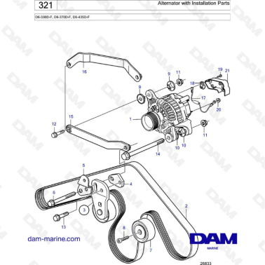 Volvo Penta D6-330D-F / D6-370D-F / D6-435D-F - Alternator with installation parts