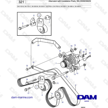 Volvo Penta D6-310D-B-C/D6-330D-B-C/D6-370D-A-B-C/D6-435D-A-C - Alternator with installation parts
