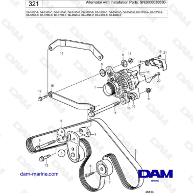 Volvo Penta D6-310D-B-C-D-E/D6-330D-B-C-D-E/D6-370D-A-B-C-D-E/D6-435D-A-C-D-E - Alternator with install. parts