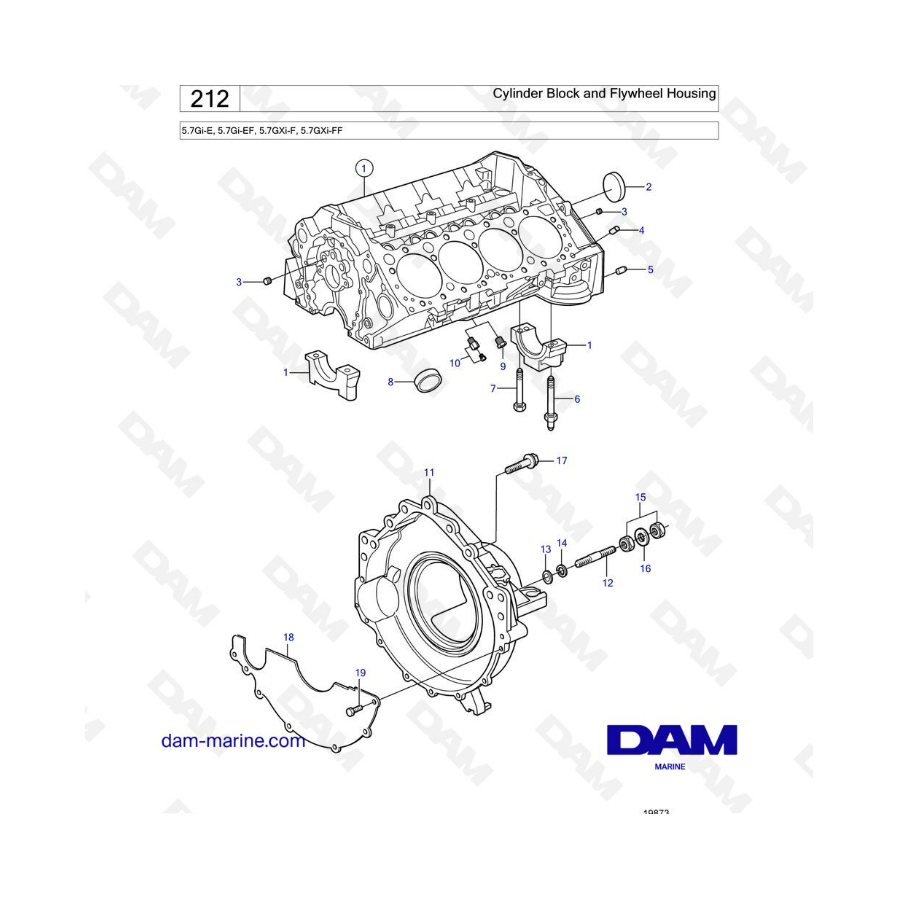 Volvo Penta 5.7L Gi-E / Gi-EF / GXi-F / GXI-FF - Cylinder block & flywheel housing