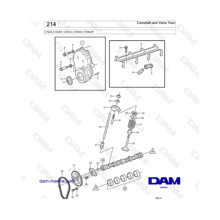 Volvo Penta 5.7L Gi-E / Gi-EF - Árbol de levas y tren de válvulas