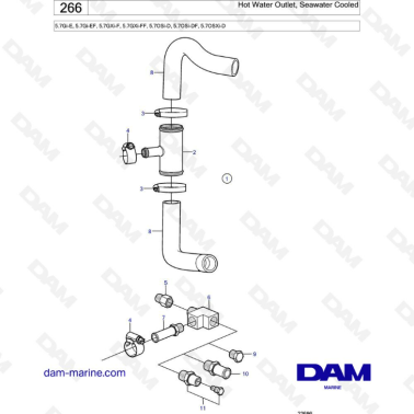 Volvo Penta 5.7L Gi-E / GXi-F / GXi-FF / Gi-EF - Hot water outlet, seawater cooled