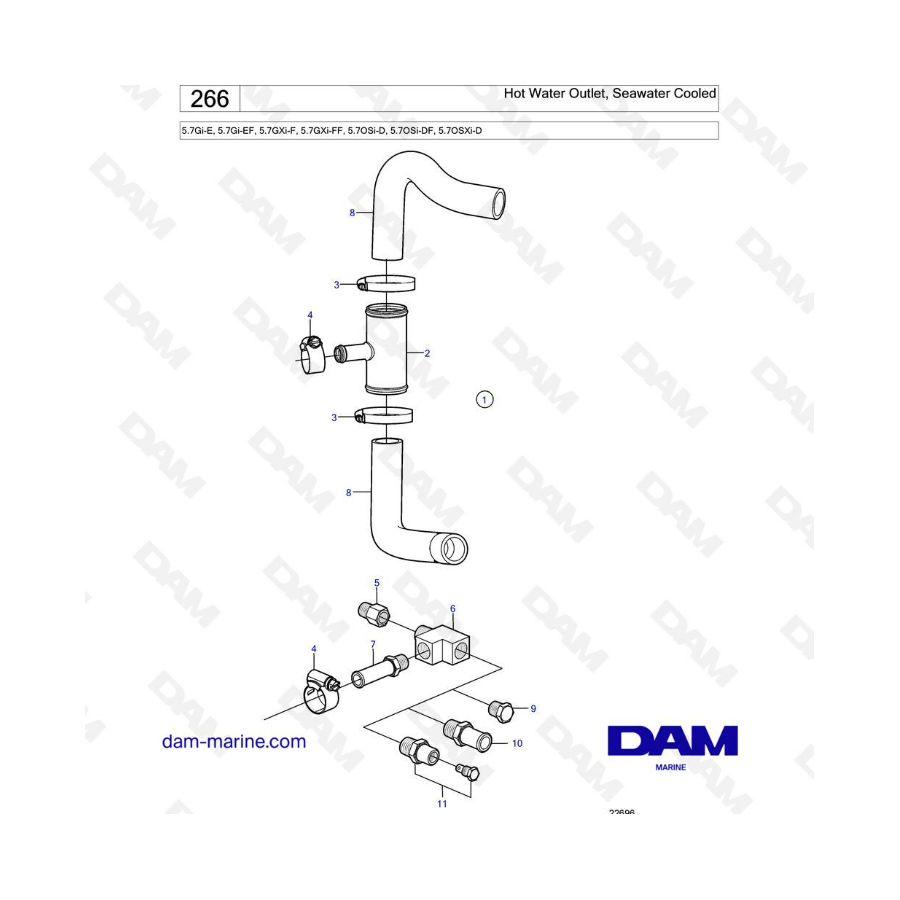Volvo Penta 5.7L Gi-E / GXi-F / GXi-FF / Gi-EF - Hot water outlet, seawater cooled