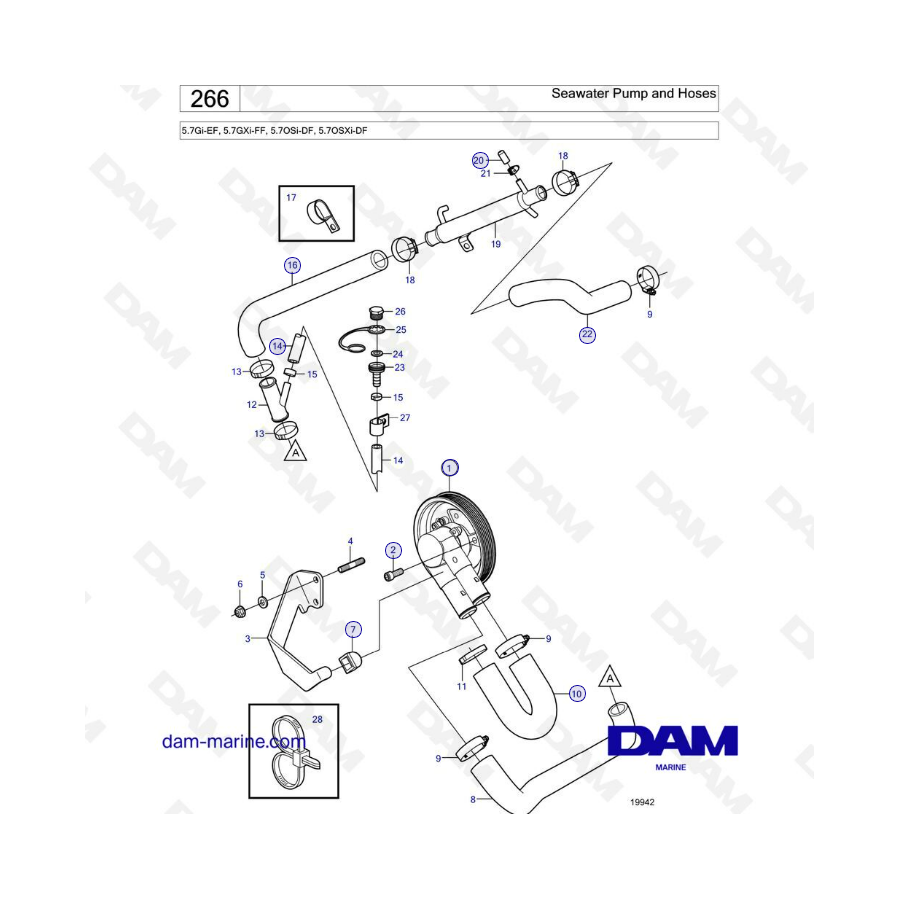 Volvo Penta 5.7L Gi-EF / GXi-FF - Seawater pump & hoses