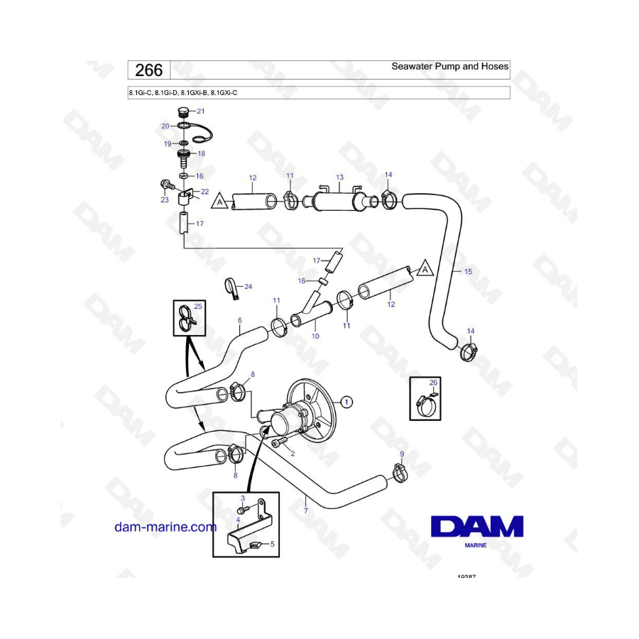 Volvo Penta 8.1L Gi-C / Gi-D / GXi-B / GXi-C - Seawater pump & hoses