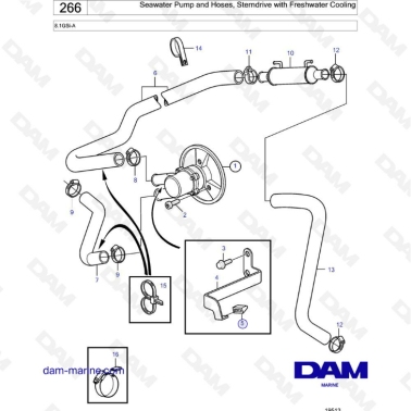 Volvo Penta 8.1L GSI-A - Seawater pump & hoses, sterndrive with freshwater cooling