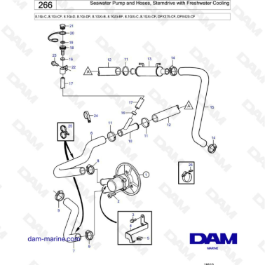 Volvo Penta 8.1L Gi-C/Gi-CF/Gi-D/Gi-DF/GXi-B/GXi-BF/GXi-C/GXi-CF - Seawater pump & hoses, sterndrive with freshwater cooling