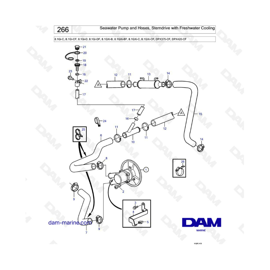 Volvo Penta 8.1L Gi-C/Gi-CF/Gi-D/Gi-DF/GXi-B/GXi-BF/GXi-C/GXi-CF - Seawater pump & hoses, sterndrive with freshwater cooling