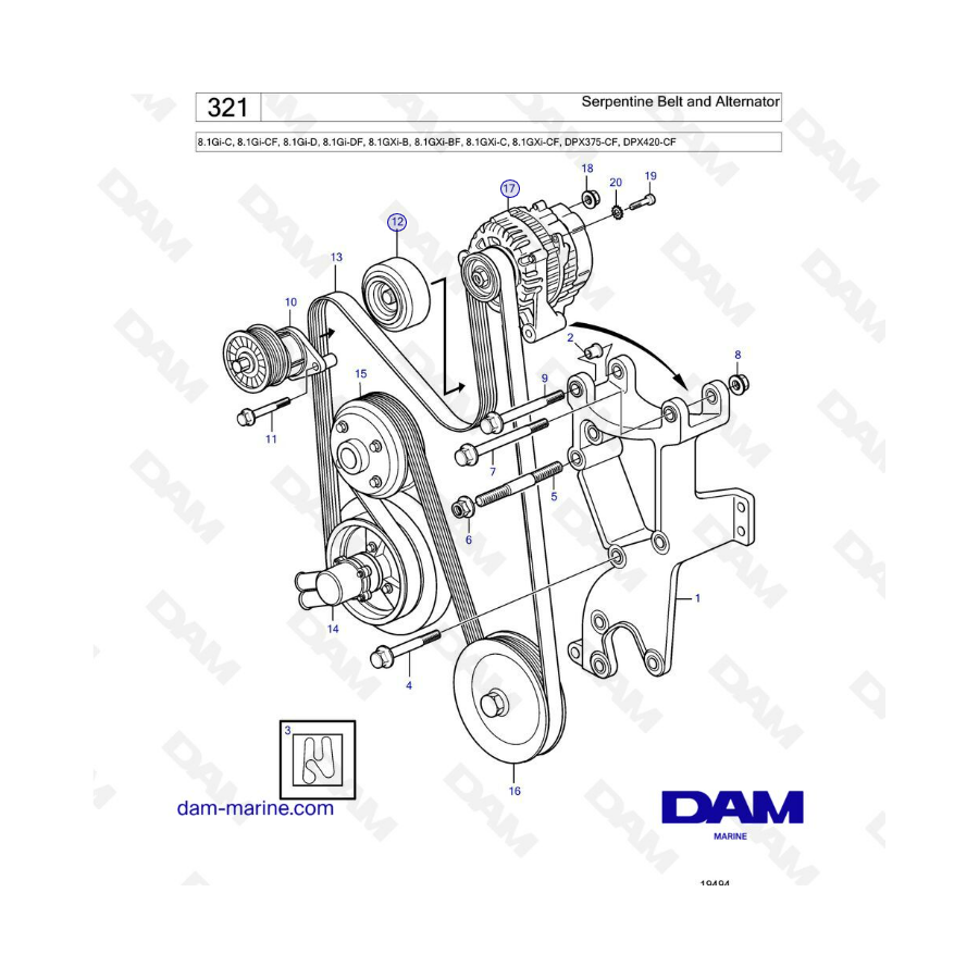 Volvo Penta 8.1L Gi-C / Gi-CF / Gi-D / Gi-DF / GXi-B / GXi-BF - Correa serpentina y alternador
