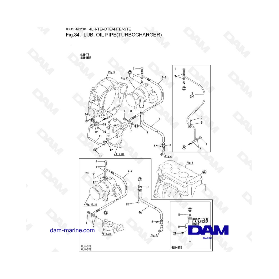 Yanmar 4LH-TE / 4LH-DTE / 4LH-HTE / 4LH-STE - Tubería de aceite lubricante (turbocompresor) 