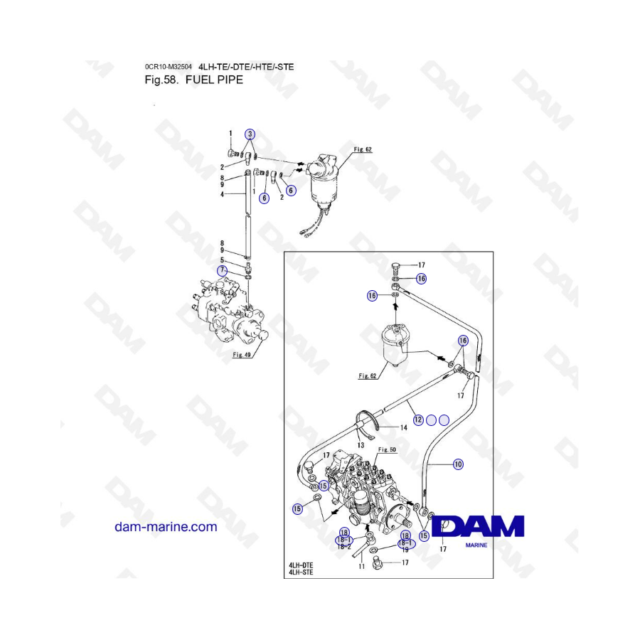 Yanmar 4LH-TE / 4LH-DTE / 4LH-HTE / 4LH-STE - Tubería de combustible 