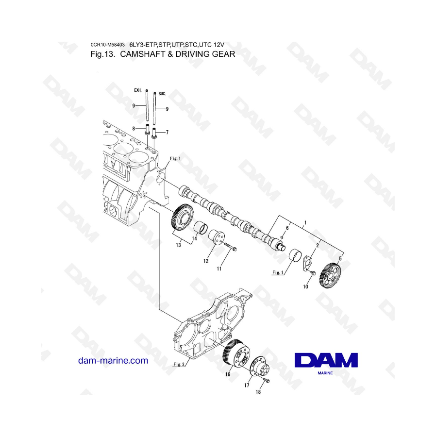 Yanmar 6LY3-ETP / STP / UTP / STC / UTC - Árbol de levas y engranaje impulsor