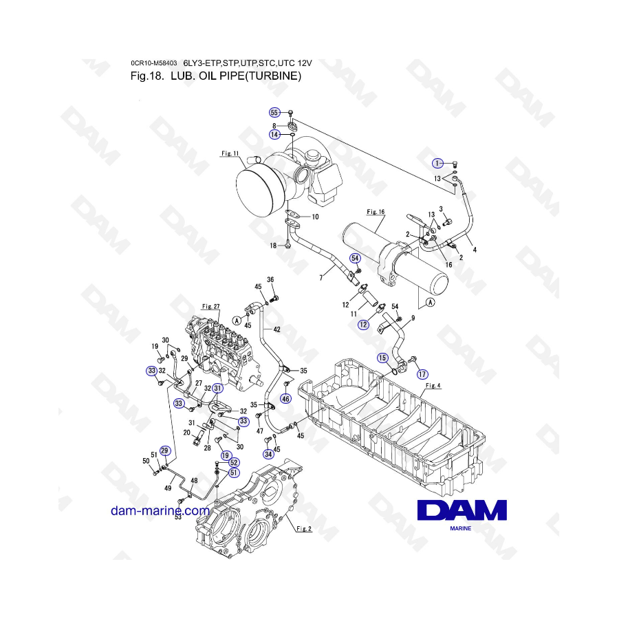 Yanmar 6LY3-ETP / STP / UTP / UTC / STC - Lub. Tubo de aceite (turbina)