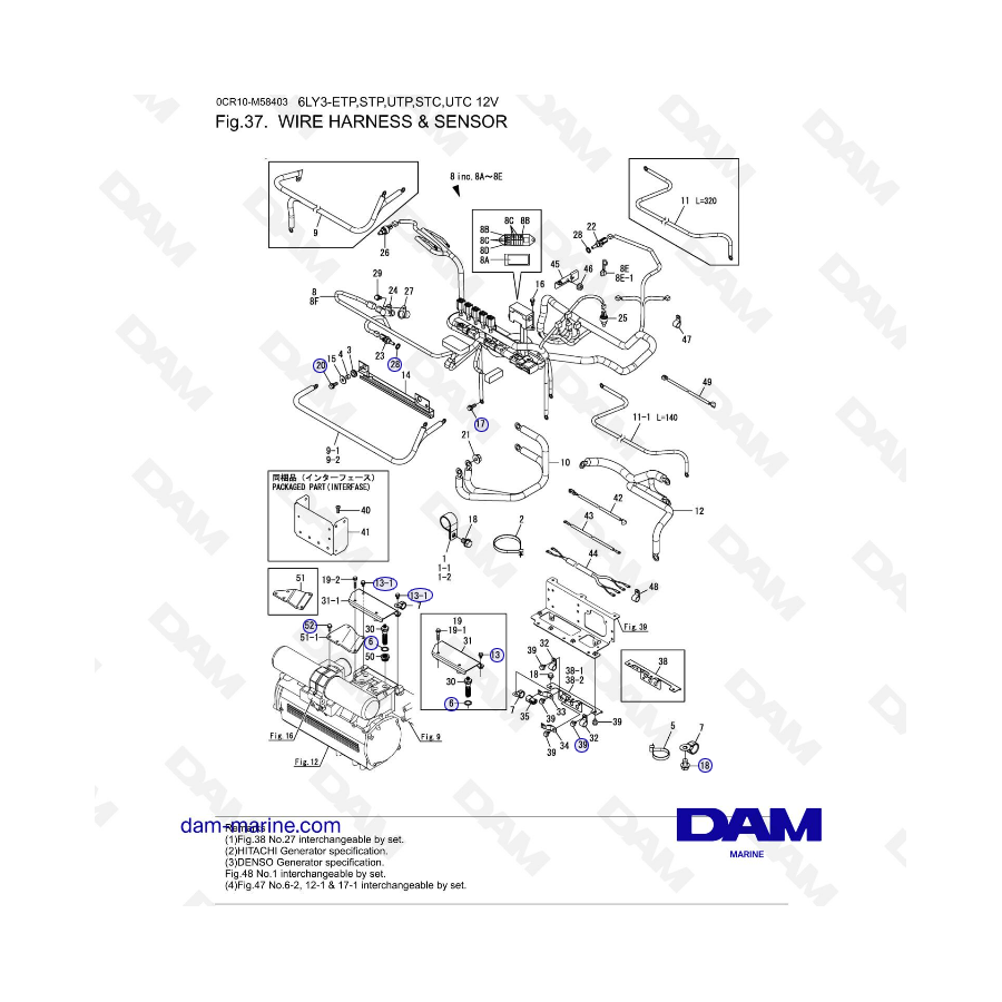 Yanmar 6LY3-ETP/STP/UTP/STC/UTC - Mazo de cables y sensor