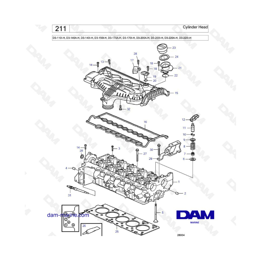 Volvo Penta D3-110I-H/D3-140A-H/I-H/D3-150I-H/D3-170I-H/D3-200A-H/I-H/D3-220A-H/I-H - Cylinder head