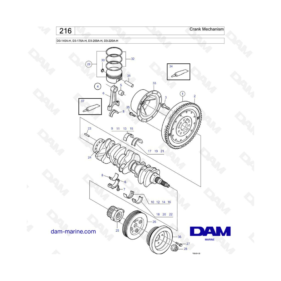 Volvo Penta D3-140A-H/D3-170A-H/D3-200A-H/D3-220A-H - Crank Mechanism