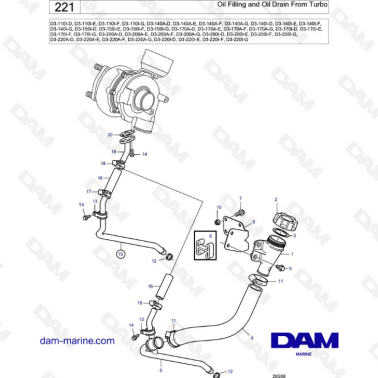 Volvo Penta D3-110 / D3-140 / D3-150 / D3-170 / D3-200 / D3-220 - Oil filling & oil drain from turbo