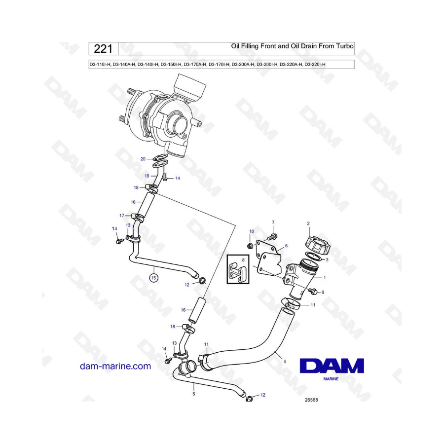 Volvo Penta D3-110I-H/D3-140A-H I-H/D3-150I-H/D3-170A-H/D3-200A-H I-H/D3-220A-H - Oil filling front & oil drain from turbo