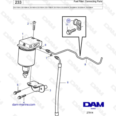 Volvo Penta D3-110I-H/D3-140A-H/D3-140I-H/D3-150I-H/D3-170A-H I-H/D3-200A-H I-H/D3-220A-H I-H - Fuel filter, connecting parts