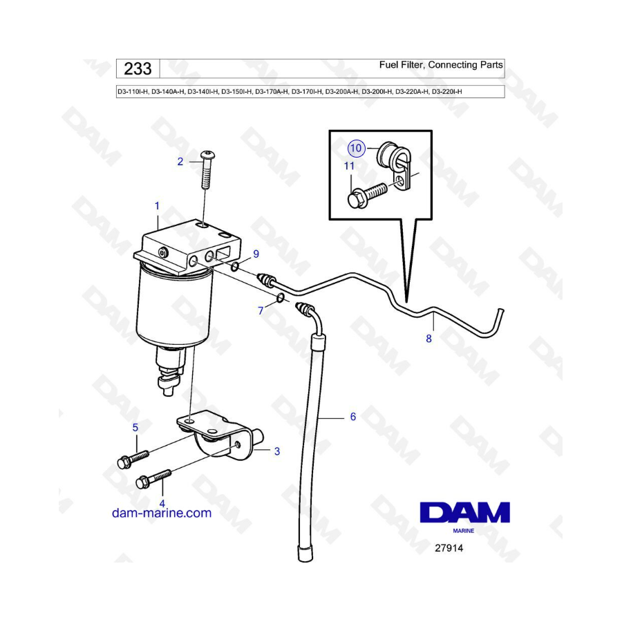 Volvo Penta D3-110I-H/D3-140A-H/D3-140I-H/D3-150I-H/D3-170A-H I-H/D3-200A-H I-H/D3-220A-H I-H - Fuel filter, connecting parts
