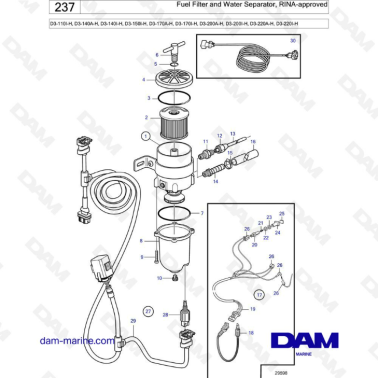 Volvo Penta D3-110I-H/D3-140A-H I-H/D3-150I-H/D3-170AH I-H/D3-200A-H I-H/D3-220A-H I-H - Fuel filter & water separator rina
