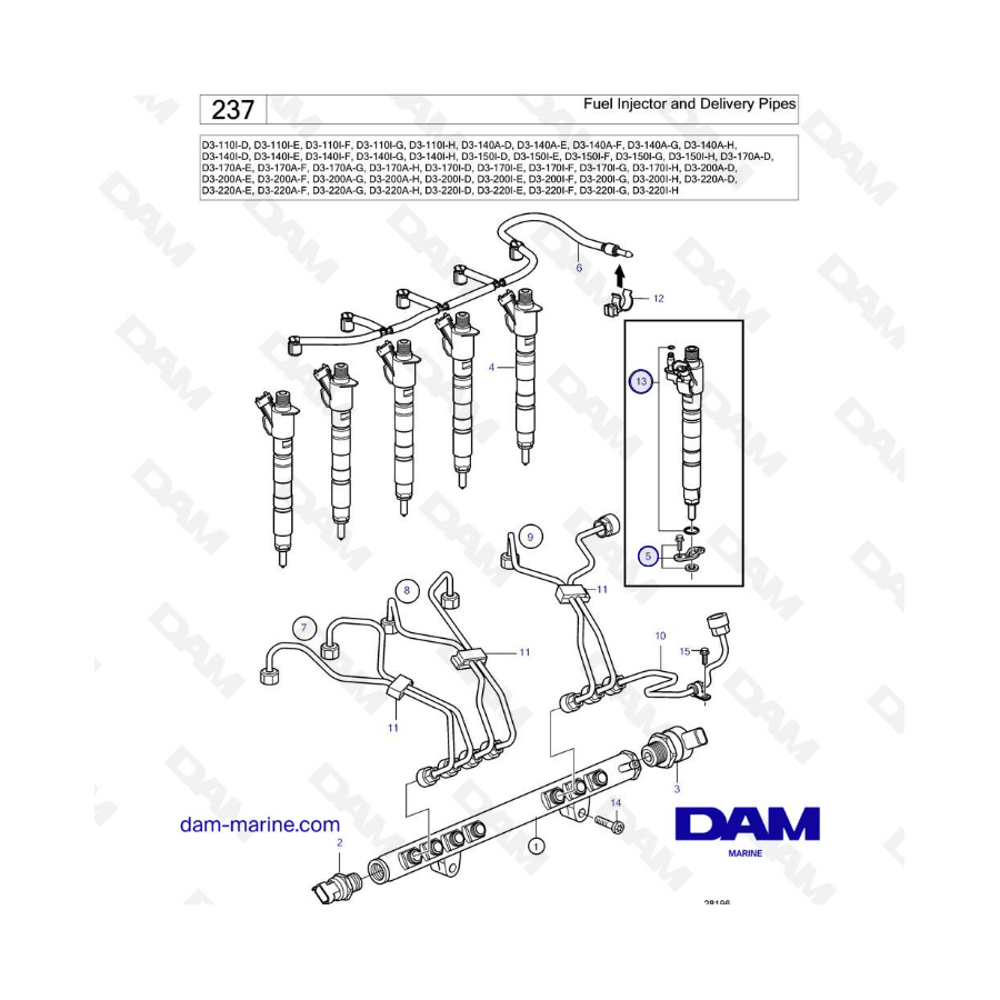 Volvo PEnta D3-110 / D3-140 / D3-150 / D3-170 / D3-200 / D3-220 - Inyector de combustible y tubos de entrega
