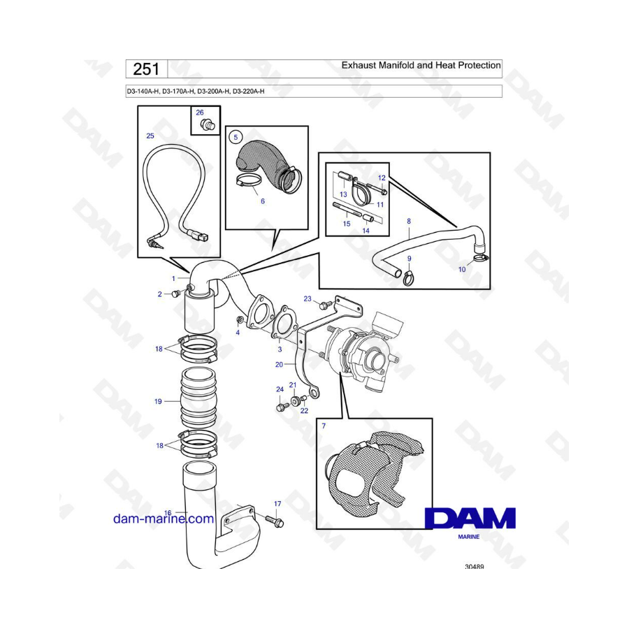 Volvo Penta D3-140A-H / D3-170A-H / D3-200A-H / D3-200A-H - Exhaust manifold & heat protection 