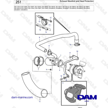 Volvo Penta D3-110/D3-140/D3-150/D3-170/D3-200/D3-220 - Exhaust manifold & heat protection