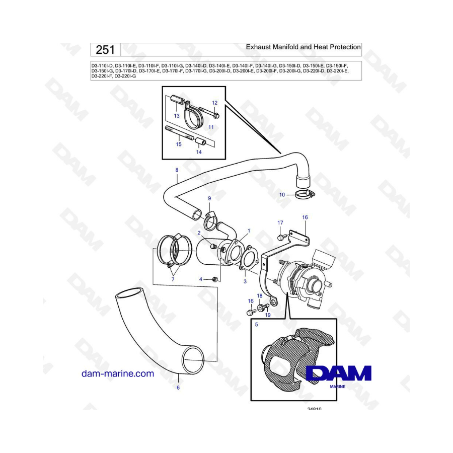 Volvo Penta D3-110/D3-140/D3-150/D3-170/D3-200/D3-220 - Exhaust manifold & heat protection